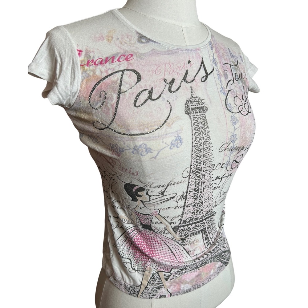 Y2K‎ France Eiffel Tower Graphic Rhinestone Baby Tee White Euro Summer Girly XS